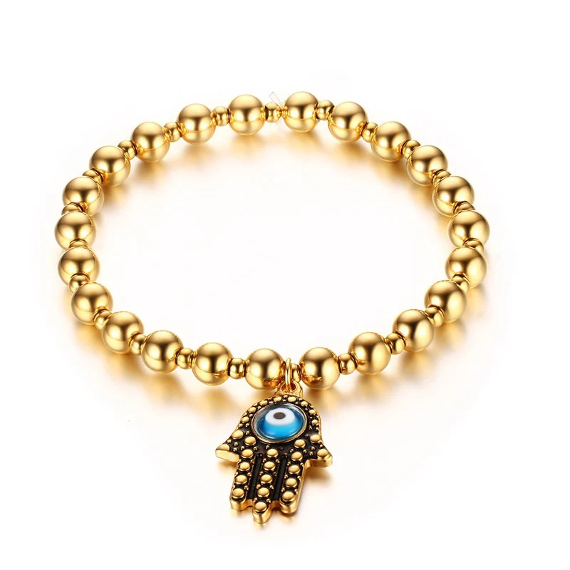 

2018 Real New Arrival Link Chain Vnox Women's Hamsa Bracelet Gold-color Surgical Steel Beads Hand And Eye Adjustable Bracelets