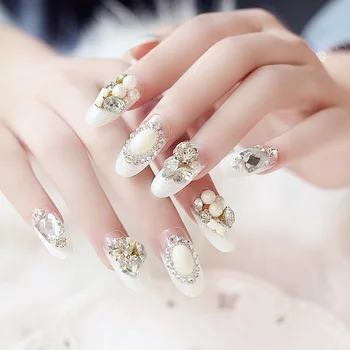 

New 24pieces Wedding Noble Manicure 3D Rhinestone Glitters Bling Decoration Long Fake false Acrylic Sticker Nail Tip Glue [N088]