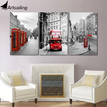 

ArtSailing HD Printed 3 Piece Canvas London Romantic Street Picture Modular Red Bus Phone Canvas Prints For For Living Room