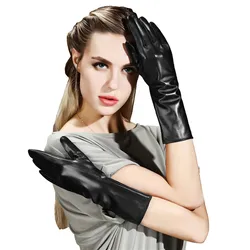 Leather Gloves Ms. 32cm Long Arm Sleeve Driving Winter Plus Velvet Warm Black Sheepskin Leather Woman's Gloves Female CK03 Leather Gloves Ms. 32cm Long Arm Sleeve Driving Winter Plus Velvet Warm Black Sheepskin Leather Woman's Gloves Female CK03