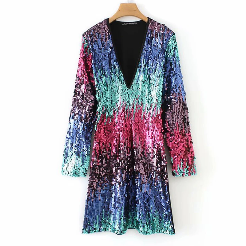 Women's Clothing Dress 2019 Stretch Fabric Sequins Deep V-Neck Dress Ms Summer Sexy Street Slim Fit Temperament Clothing