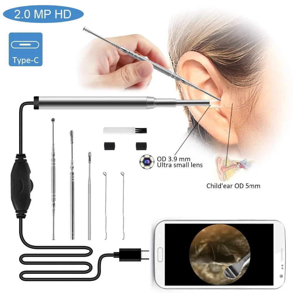 New Otoscope 3.9mm Lens Android Endoscope Camera Visual Ear Spoon For Healthy Skin Pore Enlargement Examination Endoscope digital otoscope 7 inch lcd visual ent oral endoscope camera 3 9mm mini ear digging tool 1080p hd with 32g sd card