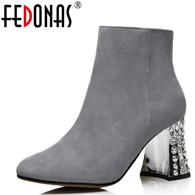 

FEDONAS Top Quality New Women Autumn Winter Warm Ankle Boots Sexy Rhinestone High Heeled Motorcycle Boots Zipper Martin Shoes