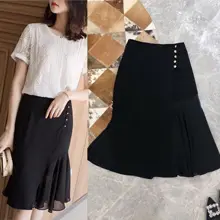 Горячая Распродажа, летняя одежда, женская модная черная юбка на пуговицах, элегантная офисная шифоновая юбка-русалка в стиле ампир