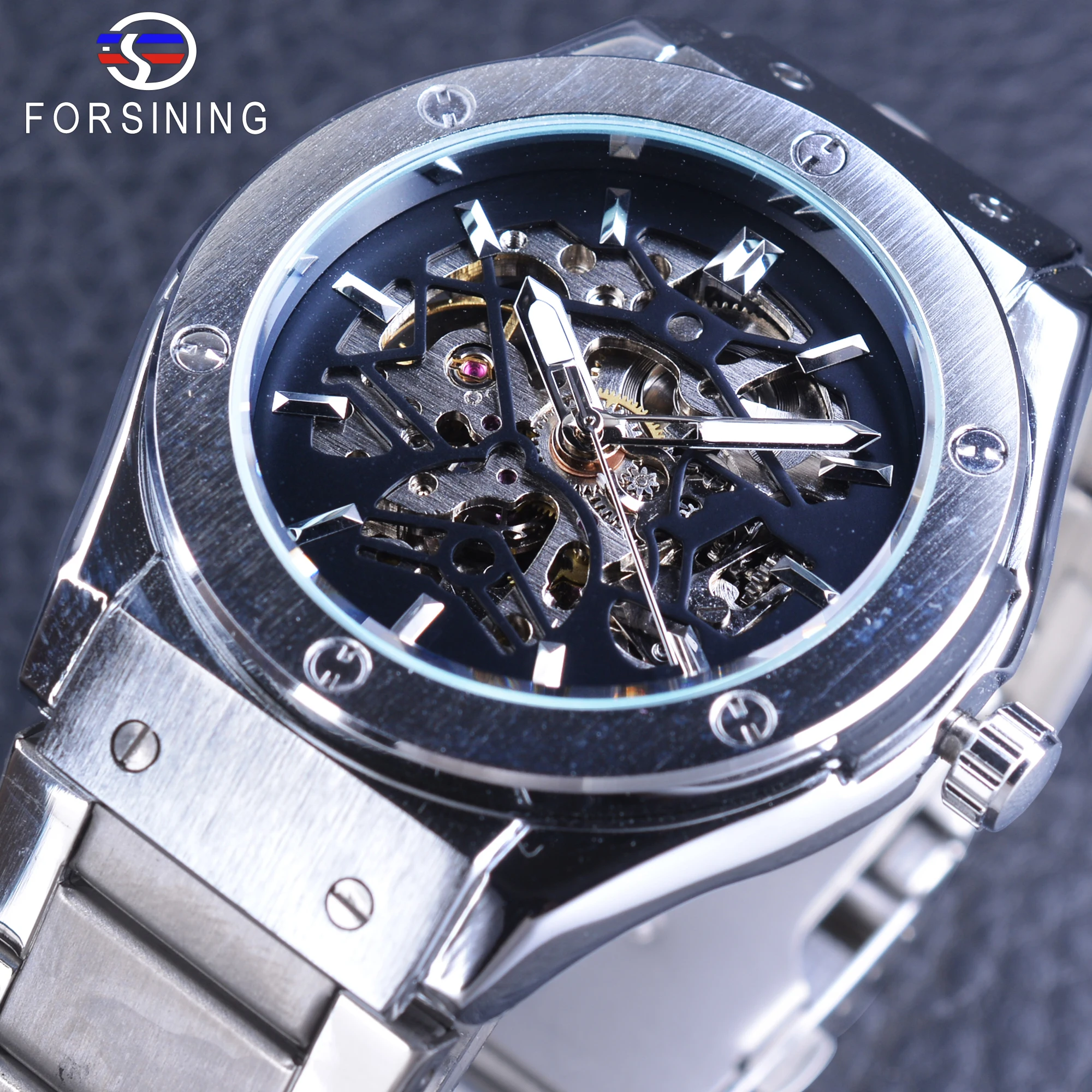 

Forsining Steampunk Sport Watches Silver Stainless Steel Metal Bracelet Clasp Men's Mechanical Wristwatch Skeleton Watches Clock