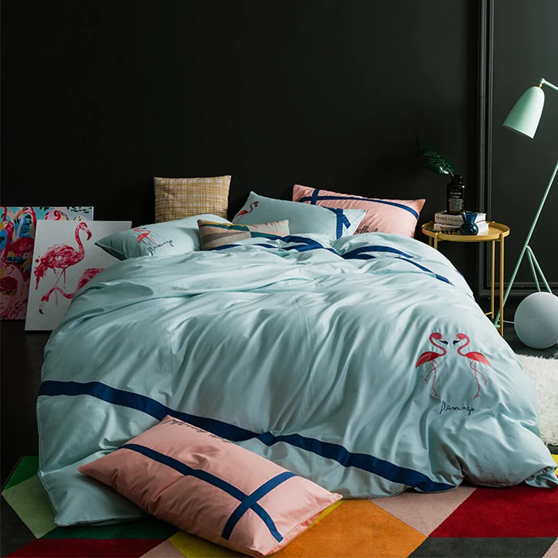 

100% Cotton Flamingo embroidery A/B DUAL USE Luxury Oriental Bedding set RUIYEE Bed set Bed linen package Bedsheet Pillowcases
