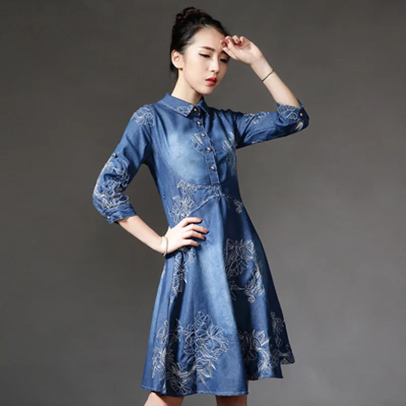 

2018 New Summer Embroidery Floral Denim Dress Women's Casual Turn-down Collar Party Dress Plus Size S-5XL