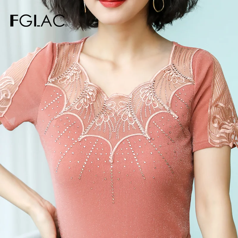 

FGLAC 4XL plus size Female T-shirt Fashion casual short sleeve summer tops Elegant Slim hollow out Diamond Mesh women t-shirt
