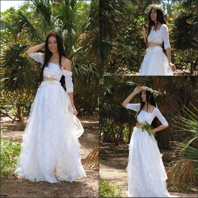 de dos piezas vestidos del vestido de boda de boho de manga larga