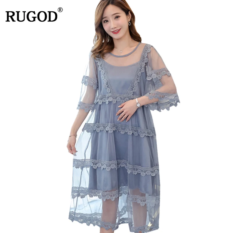 Rugod 2019 Summer Fashionable Dress Women Solid Mesh Two pieces O-neck
Half Sleeve Print Women's Clothing Dress vestido de mujer