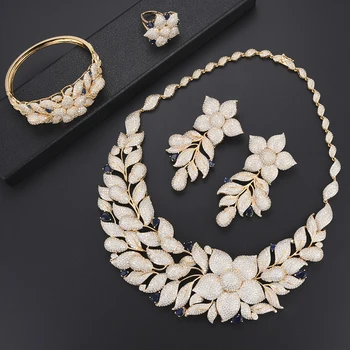 

Luxury Blossom Cubic Zirconia ethiopian jewelry dubai jewelry sets Necklace Earrings Bracelet Ring wedding jewelry For Women