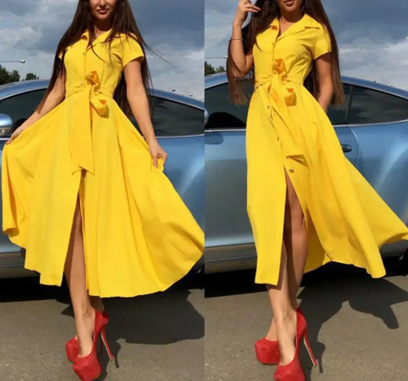 

2019 Women Elegant Summer Dress Short Sleeve Turn Down Collar OL Maxi Dresses Hight Street Slim Waist Long Summer Dress Vestido