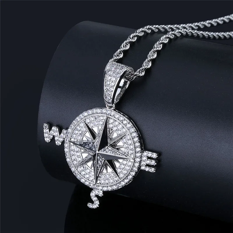 

Hip Hop Jewelry Compass Shape Pendant Necklace With Gold Chain For Men New Arrival Cubic Zirconia Necklace