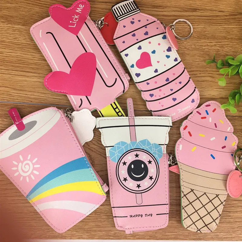 

12cm Ice Cream Drink Milk tea PU Coin Purses Wallet Card Bag Girl Women key bags