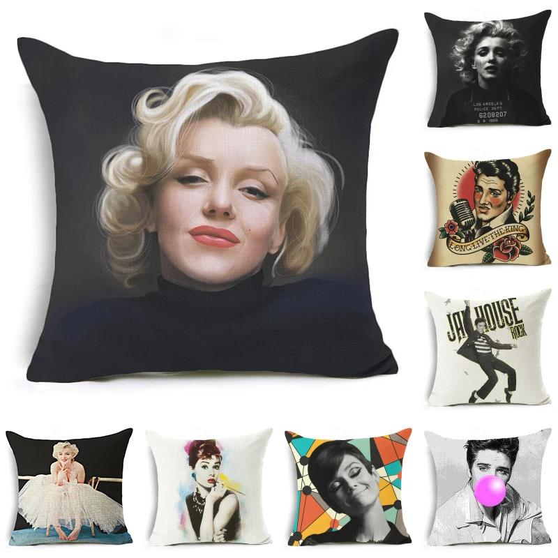 

Elife Polyester Cotton linen Audrey Hepburn&Elvis Presley Cushion Cover Marilyn Monroe Pillow Case Cover For Sofa Car Home Decor