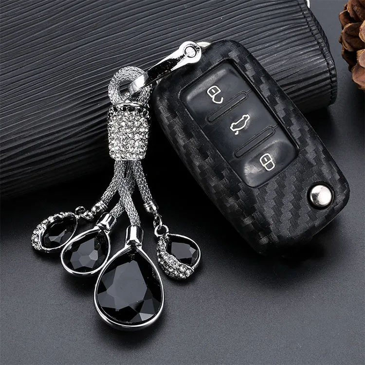 Брелок для ключей с кристаллами, чехол для ключей из углеродного волокна, чехол для ключей с сигнализацией, брелок для ключей, украшение для Volkswagen Passat Polo Tiguan - Название цвета: Crystal keychain