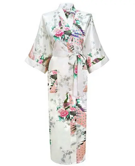 Цветочный павлин, женский халат для свадебной вечеринки, невесты, подружки невесты размера плюс 3XL, кимоно из вискозы, халат, сексуальная пижама, длинная ночная рубашка - Цвет: White A