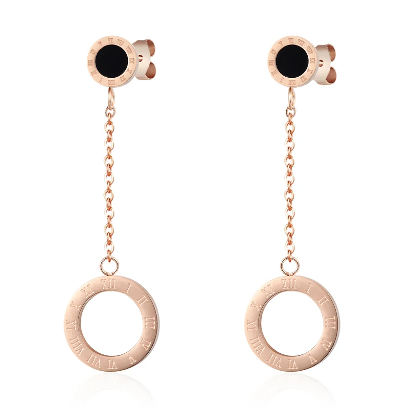 Fashion Two Style Rose Gold Color Earring Enamel Roman Mumeral Hanging 