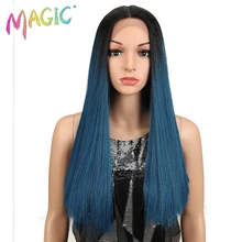 Волшебные волосы 20 дюймов Синтетические прямые волосы на кружеве парик натуральный волос термостойкие волокна волос Средняя часть для черных женщин