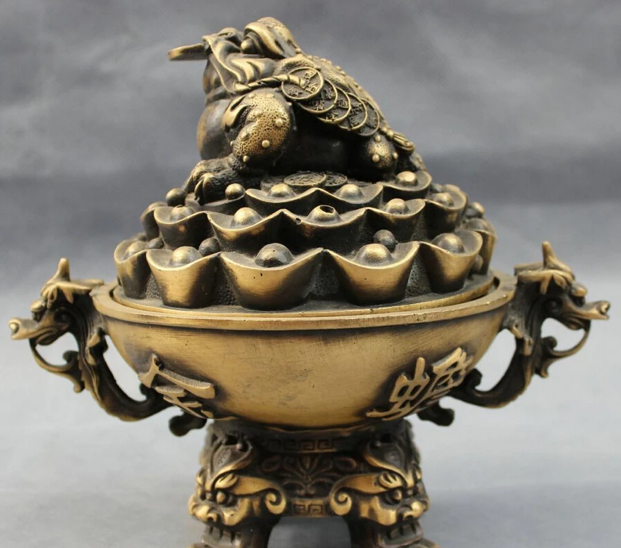 

song voge gem S3943 8" Chinese Bronze Coin Hoptoad Dragon Lion Head Statue Incense Burner Censer