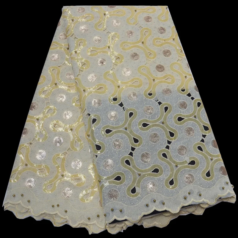 

Free shipping (5yards/pc) cream gold African handcut organza lace Swiss lace fabric with sequins and beads for party dress OP80