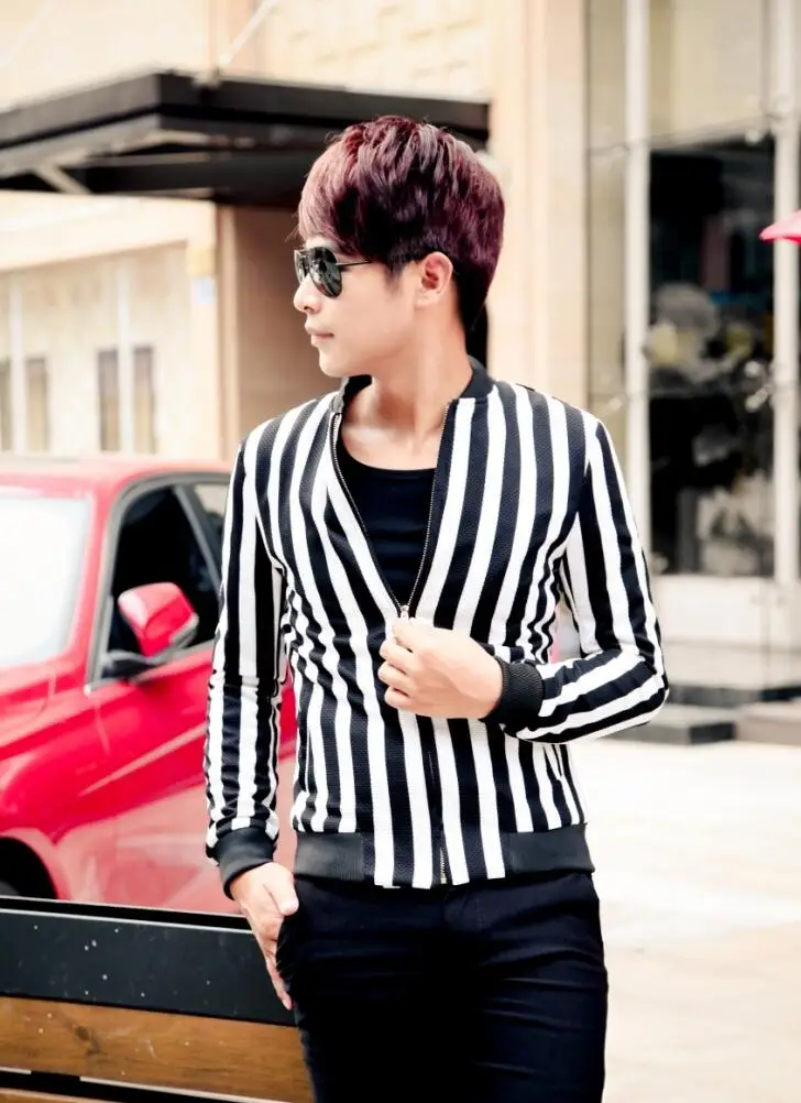 Fashion England Black white stripes stand collar jacket men coat for men 2016 man jacket 1