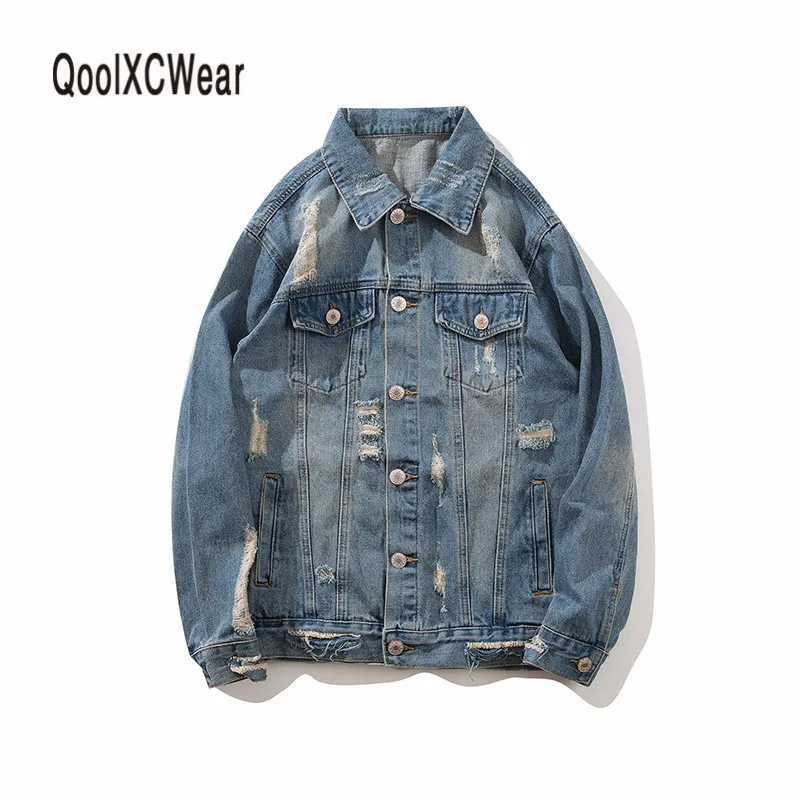 

QoolXCWear 2018 New Men's Clothing Denim Jacket Vintage Frayed Hole Coats High Street Hip Hop Outerwear