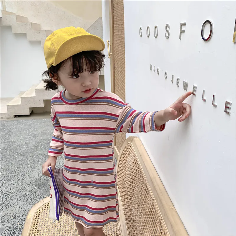 

New arrival girls cotton all-match colorful striped long sleeve T shirt dress 2019 Autumn kids base clothes