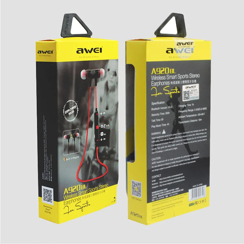 AWEI A920BLCSR4.1 bluetooth-гарнитура беспроводные наушники спортивные с микрофоном CVC6.0 шумоподавление стерео звуковые наушники
