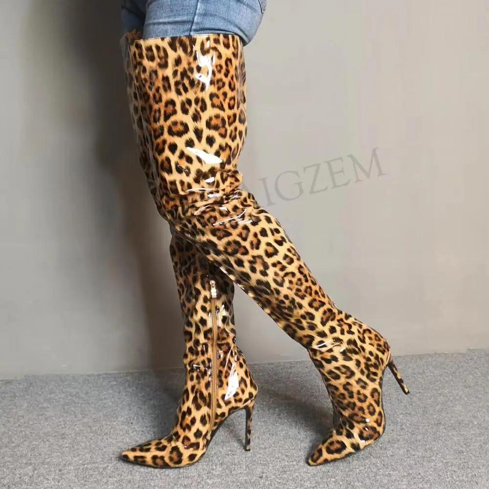 LAIGZEM SEXY Women Over-the-Knee Boots Patent Leopard Stiletto Heels Boots Dropshipping Waterproof Botines Mujer Big Size 4-14