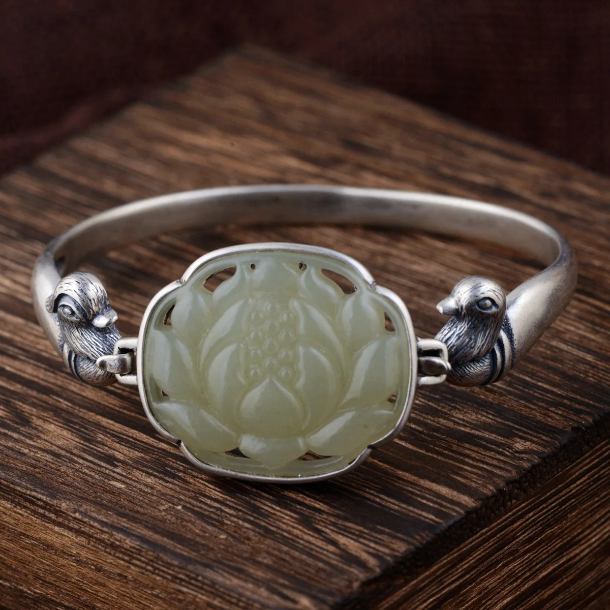 925 Sterling Silver Hetian Jade Bracelets For Women Engraved Lotus Flower Bracelets & Bangles