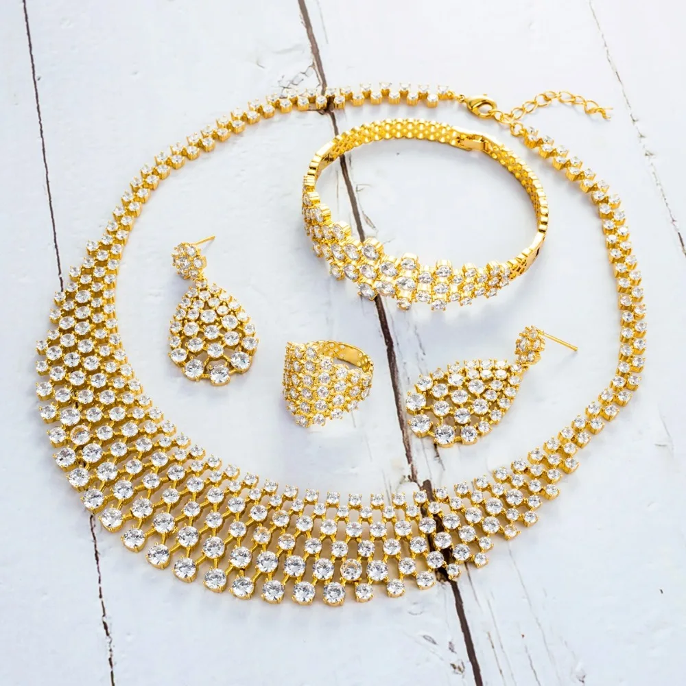 

Viennois Gold Color Necklace Set For Women Cubic Zirconia Dangle Earrings Ring Bracelet Set Party Wedding Jewelry Set
