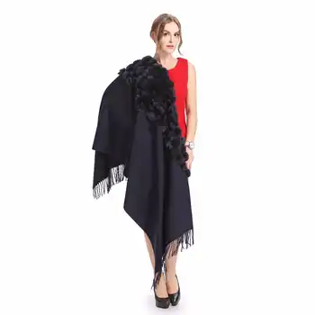 ZY87001-1 Classic Womens Woolen Shawls with Rabbit Fur pompoms Tassels Decoration Fashion Lady Solid Wool Poncho Outwear Stoles