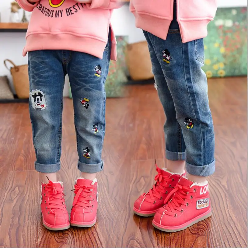 

3-8 yrs,children jeans pants,2019 new style baby girls good quality spring autumn fashion cartoon mickey jeans trousers,
