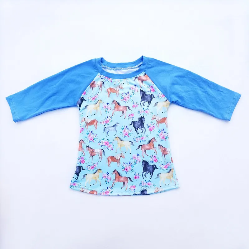 Baby Boy Long Sleeve t-shirt Fall/Winter Blue Raglan Tshirt Horse Floral Printed Cartoon Boutique Clothing Milk Silk Cotton | Детская