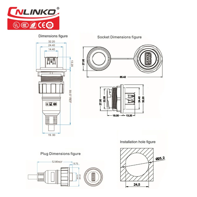 CNLINKO USB Водонепроницаемый 9 штифтов коннектор для передачи данных IP67 Мужской