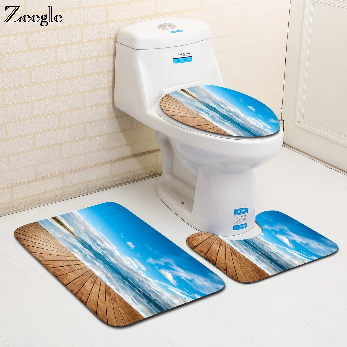 

Zeegle 3pcs Toilet Rugs Set Ocean Scenery Pattern Bathroom Bath Mats Anti-slip Toilet Floor Mats Microfiber Bathroom Carpets
