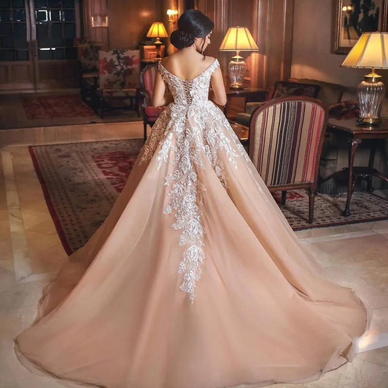 2020 Sexy Evening Dress Off The Shoulder Ball Gown Lace Appliques V Neck Saudi Arabic Prom Gowns Long Formal Party Dresses