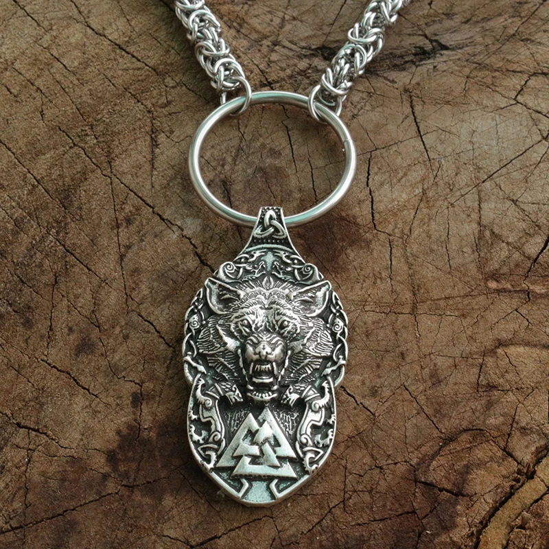 

viking wolf pendant talisman Ancient silver men neckalce stainless steel chain norse wolf head pendant Valknut symbol jewelry