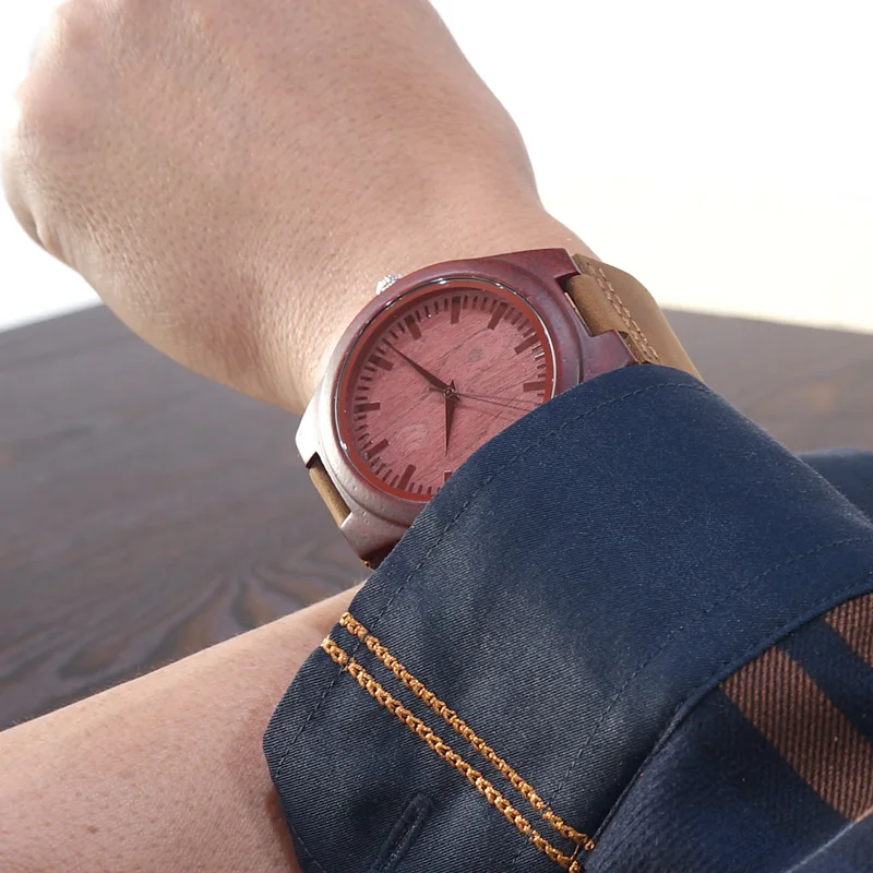 BOBO BIRD Red Sandalwood Wooden Watch mens erkek kol saati Quartz Movement Watch with Leather Strap for Men in Gift Box