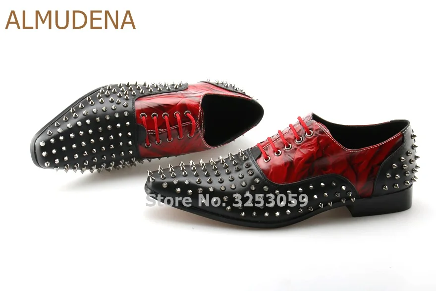 ALMUDENA/высококачественные благородные мужские белые/черные модельные туфли в стиле пэчворк вечерние туфли с золотыми заклепками туфли с шипами, костюмы для жениха EU46