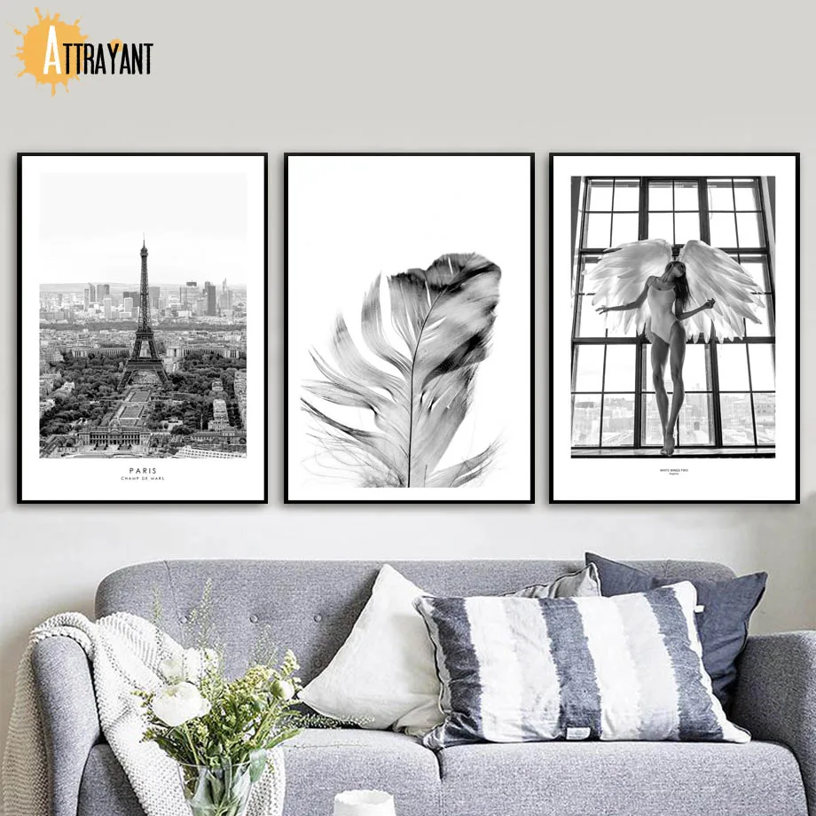 

Angel Paris Tower Feather Wall Art Canvas Painting Nordic Poster And Print Wall Pictures For Living Room Scandinavian Home Decor