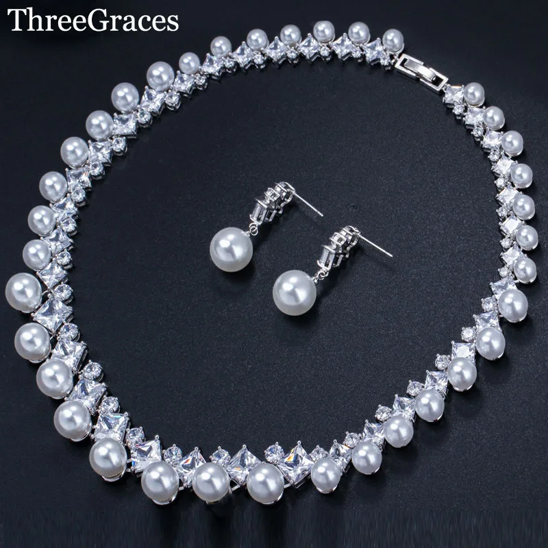 ThreeGraces Brand Luxury Wedding Bridal African Costume Jewelry White CZ Stone Big Choker Pearl Necklace and Earrings Sets JS071 ThreeGraces Brand Luxury Wedding Bridal African Costume Jewelry White CZ Stone Big Choker Pearl Necklace and Earrings Sets JS071