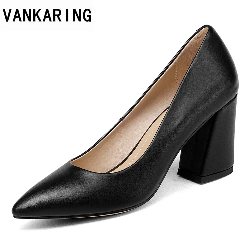 

VANKARING fashion leather women shoes high heels pointed toe black platform shoes woman dress office ladies pumps women shoes