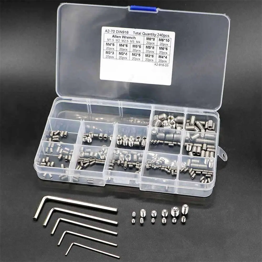 

240Pcs Grub Screw Cup Point Hex Head Socket Set M3x3 M3x4 M3x5 M4x4 M4x5 M4x6 M5x5 M5x8 M6x6 M6x10 M8x8 Hex Key Wrench Stainle