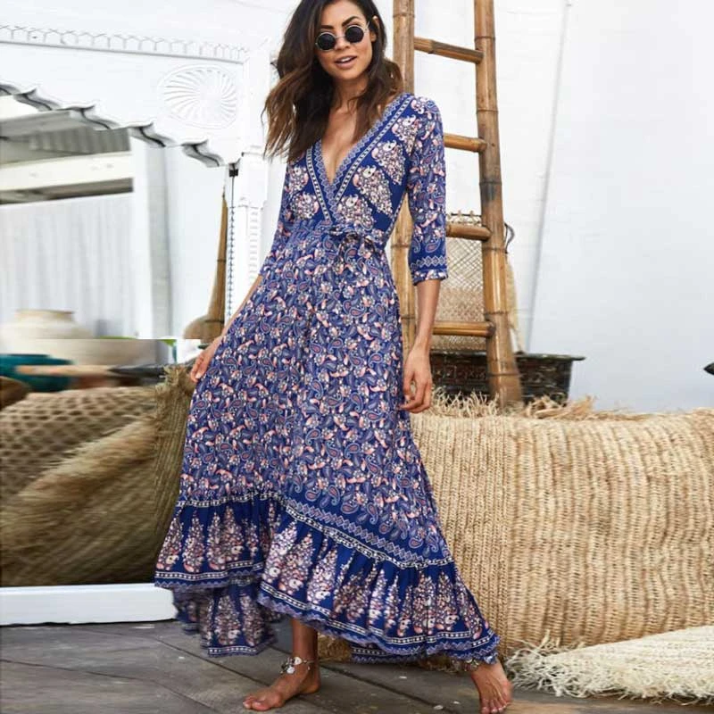 BOHO 2019 Primavera Verano vestido con cuello en V de manga corta abrigo estilo Maxi azul vestido elegante de Vestido para las mujeres| Vestidos| - AliExpress