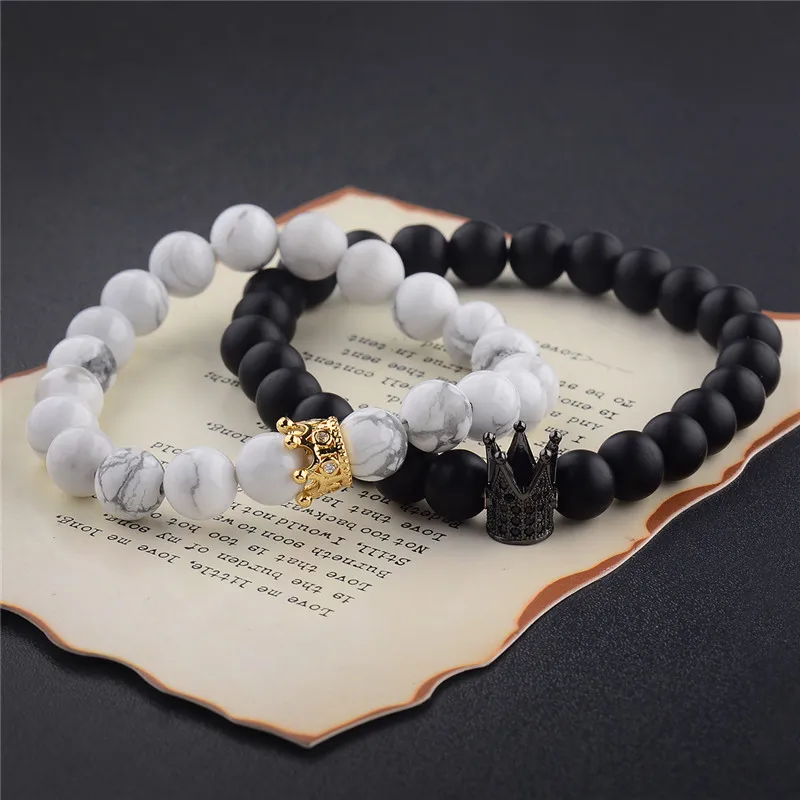 

2018 Trendy Black White Stone Beads with Gold Black Color Crown Bracelet For Women Men Couple Bangles Jewelry