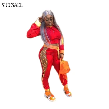 

Red Patchwork Two Piece Set Long Sleeve Crop Top Ribbons Lace Up Side Pants Suits Sexy Streetwear Hippie Strappy Outfits Fall