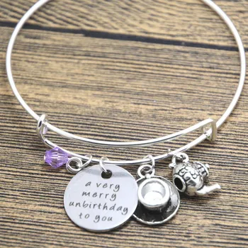 

12pcs/lot Alice in Wonderland inspired unbirthday bracelet A very merry unbirthday to you Tea Party Fairytale Jewlery bangle
