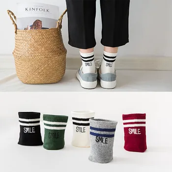 

ZDL-242 Classic Color Stripe Cotton Women Autumn Winter Retro Embroidery School Smile Letter Socks 10 pairs